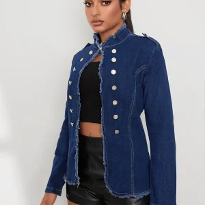 Alexandria - Lange Mouwen Denimjas met Knopen en Robuuste Afwerking