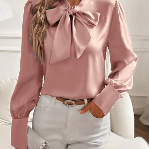 Dames Strikblouse – Elegante Satijnlook Top met Lange Mouwen