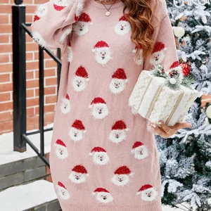 Dames Kerst Sweater Dress – Lange Winterjurk met Santa Print