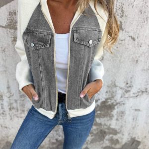 Trendy Damesjas – Denimlook Jas met Gebreide Mouwen en Casual Stijl