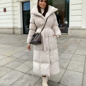 Dames Lange Winterjas – Elegante Gewatteerde Jas met Ceintuur