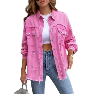 Oversized Distressed Shirt Jacket for Women – Casual Long Sleeve Shacket