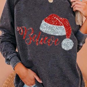 Dames Kersttrui – Casual Sweater met ‘Believe’ Kerstprint