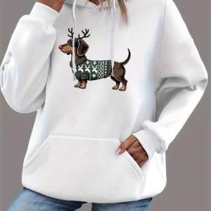 Dames Kerst Hoodie met Teckel Print – Warme Winter Hoodie