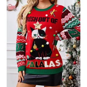 Dames Kerstsweater – Vrolijke Wintertrui met Kat & Feestelijke Print