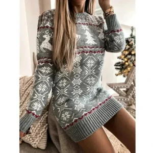 Dames Kerst Sweater Dress – Lange Wintertrui met Rendierprint